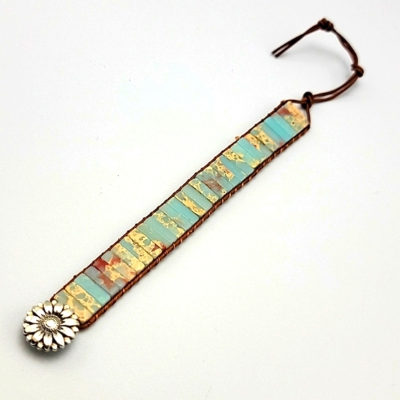 Adjustable Agalmatolite Natural Gemstone Boho Ethnic Genuine Leather Bracelet - Picture 4 of 8